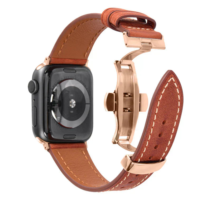 Curea din piele Luxevo pentru Apple Watch, închizătoare tip fluture, piele naturală