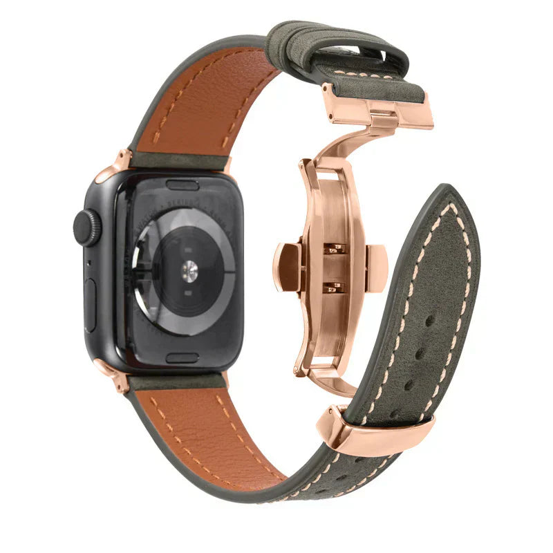 Curea din piele Luxevo pentru Apple Watch, închizătoare tip fluture, piele naturală