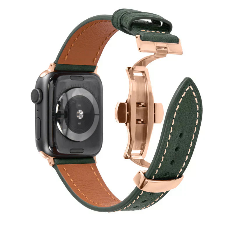 Curea din piele Luxevo pentru Apple Watch, închizătoare tip fluture, piele naturală