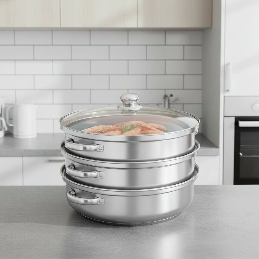3-tier stainless steel steamer with glass lid - Fioriscas