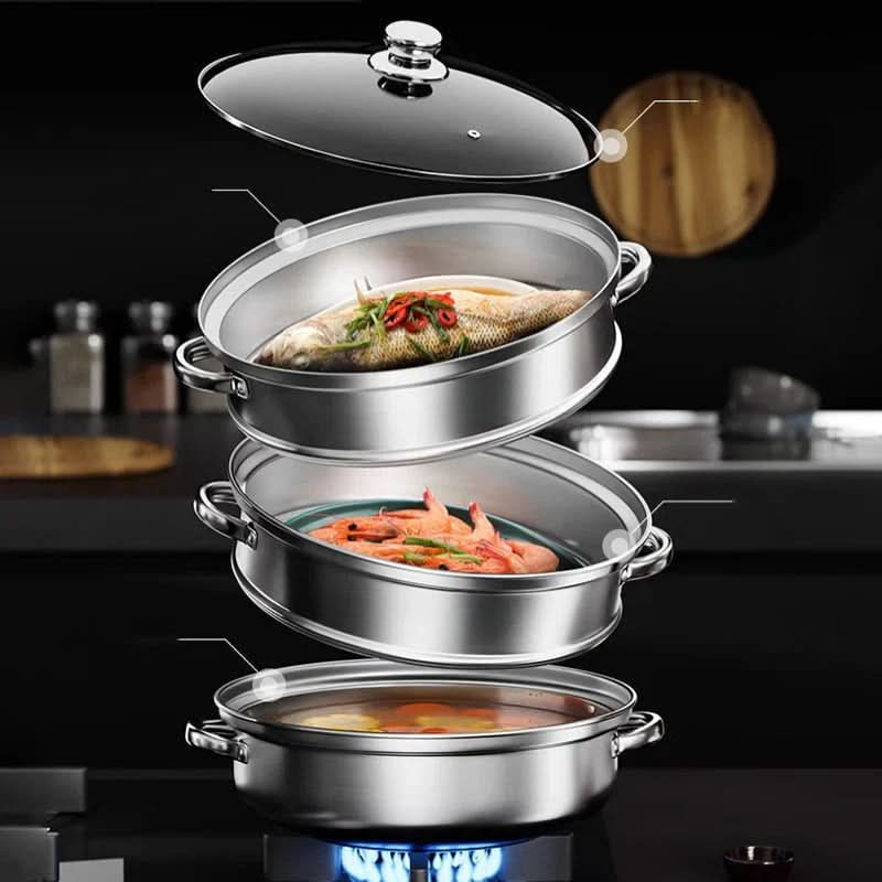 3-tier stainless steel steamer with glass lid - Fioriscas