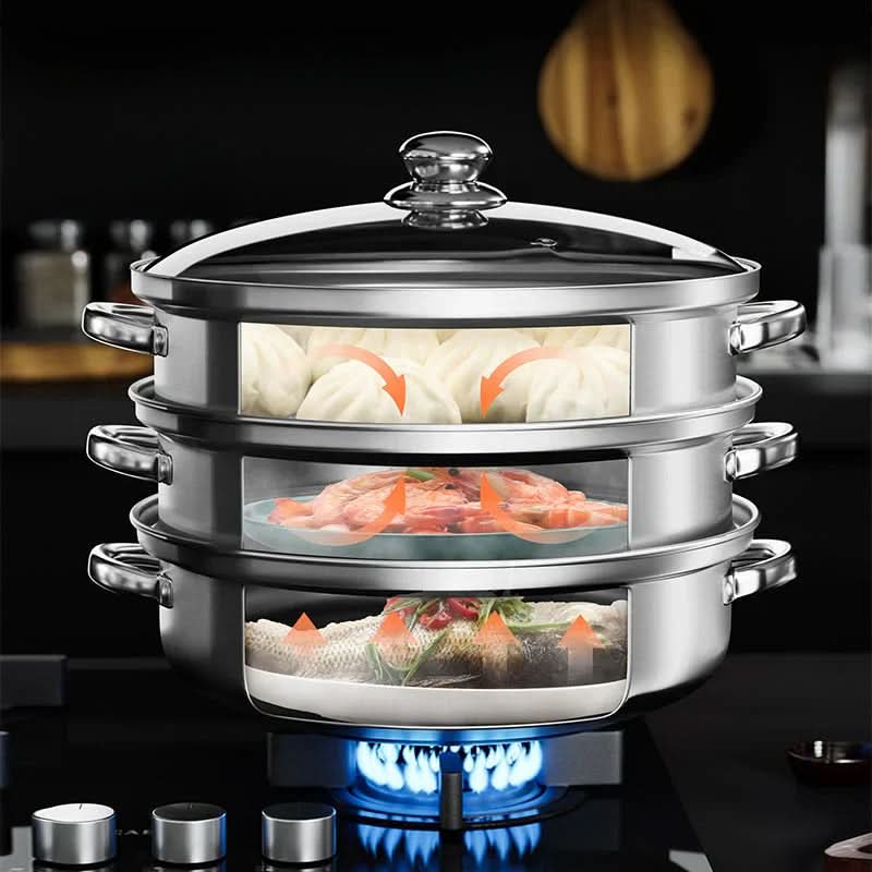 3-tier stainless steel steamer with glass lid - Fioriscas