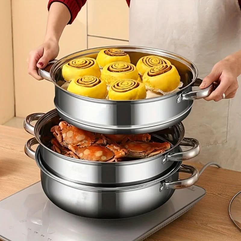 3-tier stainless steel steamer with glass lid - Fioriscas