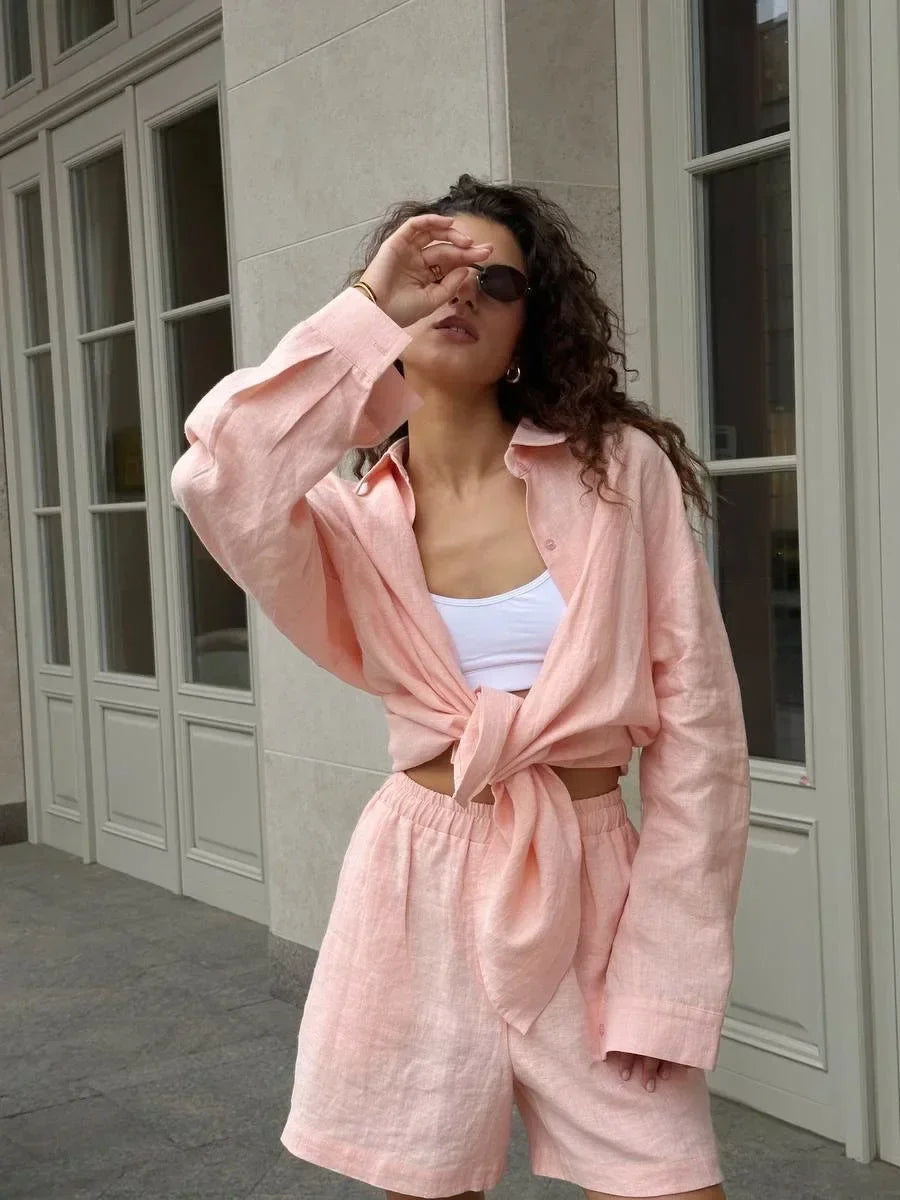 Ensemble short 100 % coton I Chemise confortable à manches longues et col à revers