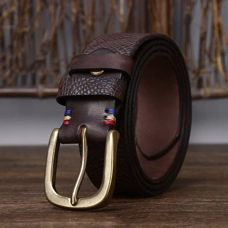 Embossed Cowhide Belt with Copper Pin Buckle, Kestrel