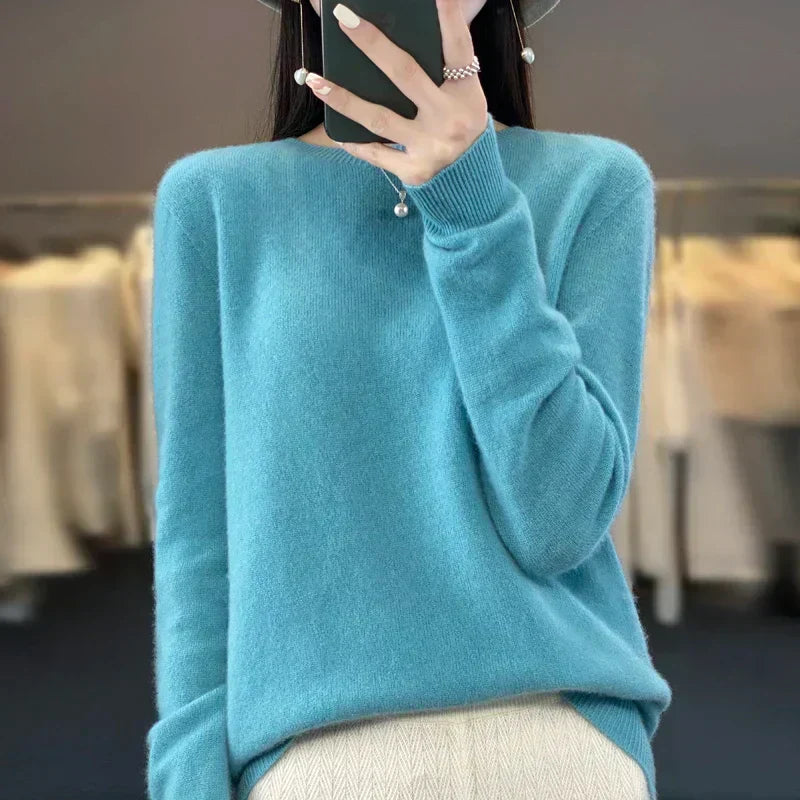 Camisola Sylvara de Lã Merino Extrafina para Mulher, Malha Justa com Decote Redondo