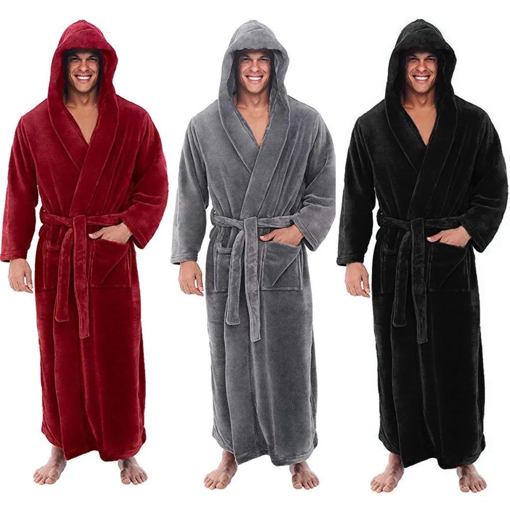CozyNest-badekåbe til mænd i blødt plysstof med hætte, varm fleece og lange ærmer