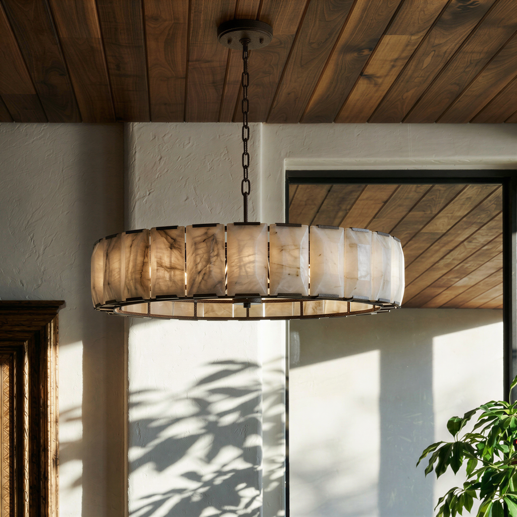 Lampadario Rotondo LumaCircle in Alabastro con Bagliore Ambientale Caldo