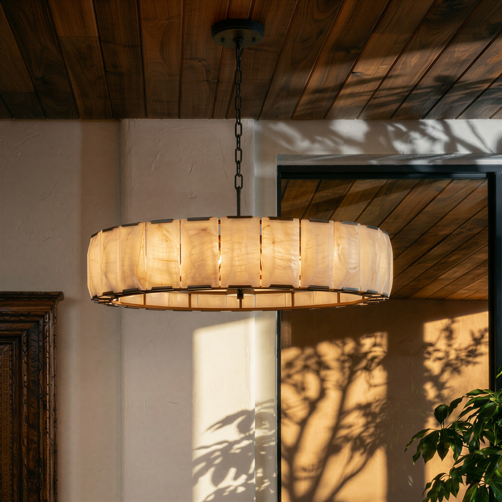 Lampadario Rotondo LumaCircle in Alabastro con Bagliore Ambientale Caldo
