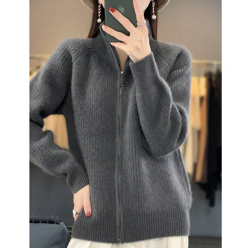 Women's 100% Wool Zip-Up Cardigan With Stand Collar, Classic Fit