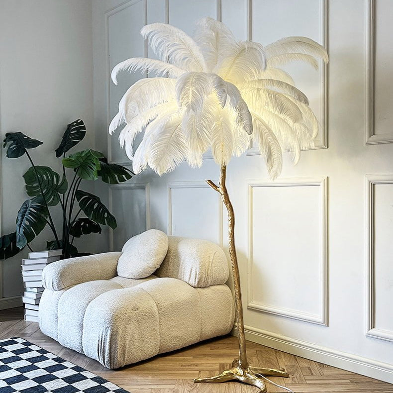 Lámpara de pie de plumas de avestruz, LED de altura ajustable con base de latón