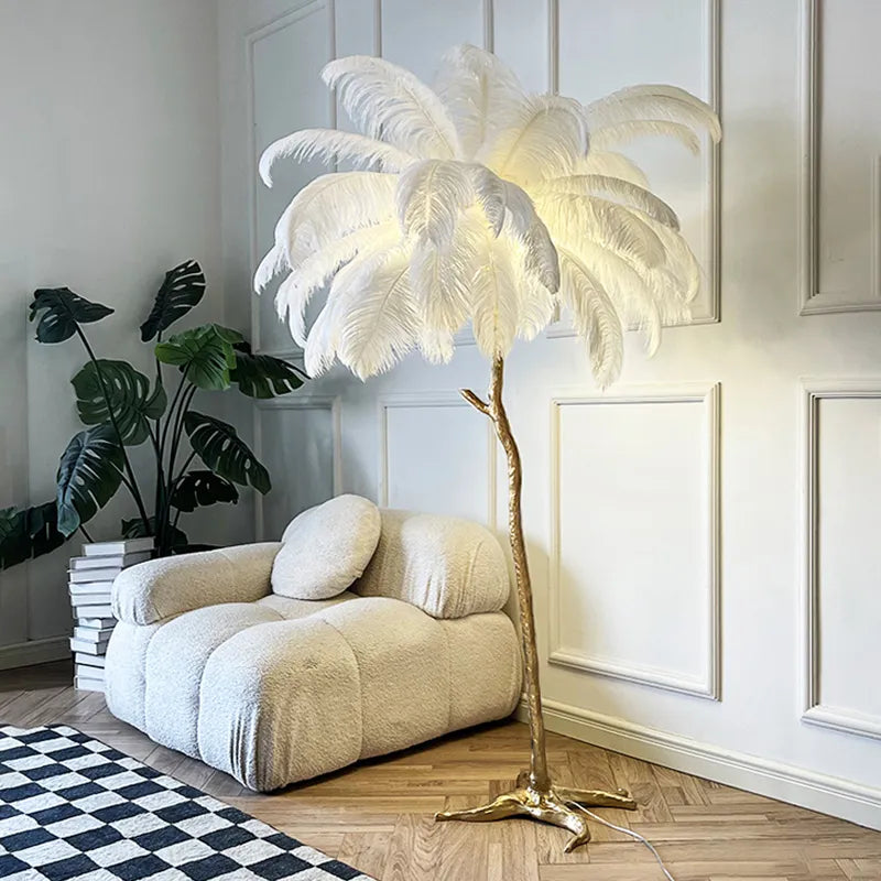 Aurelle Ostrich Feather Floor Lamp, Brass & Copper Finish