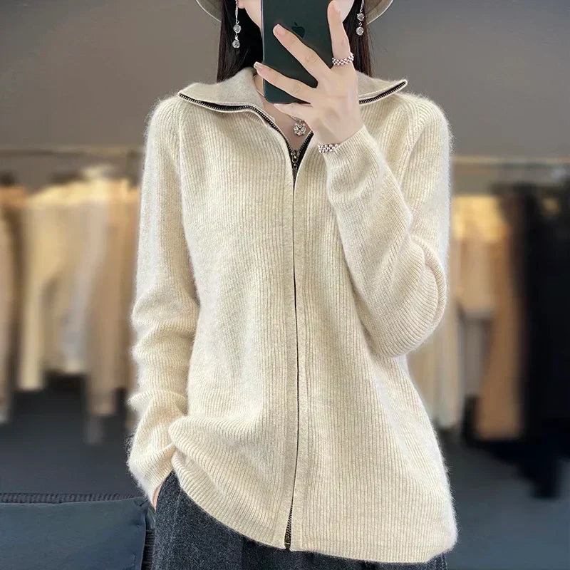 Lyra Cashmere Cardigan, Relaxed-Fit Korean Knit Style, Zip-Up Long Sleeve