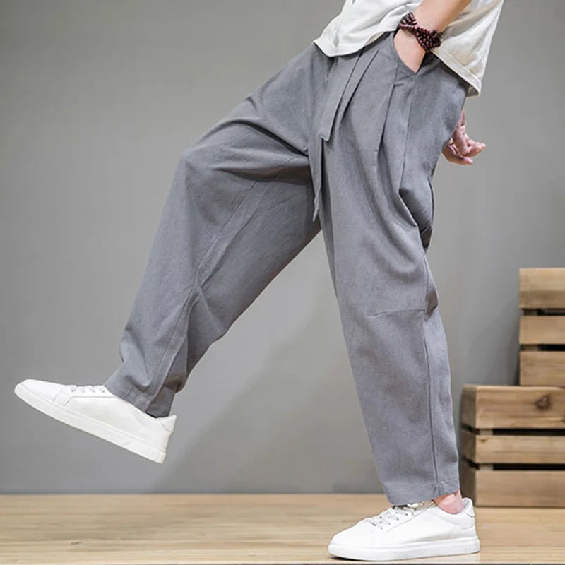 Pantaloni Harem da Uomo in Cotone e Lino, Vestibilità Ampia, Comfort Estivo Arieggiato
