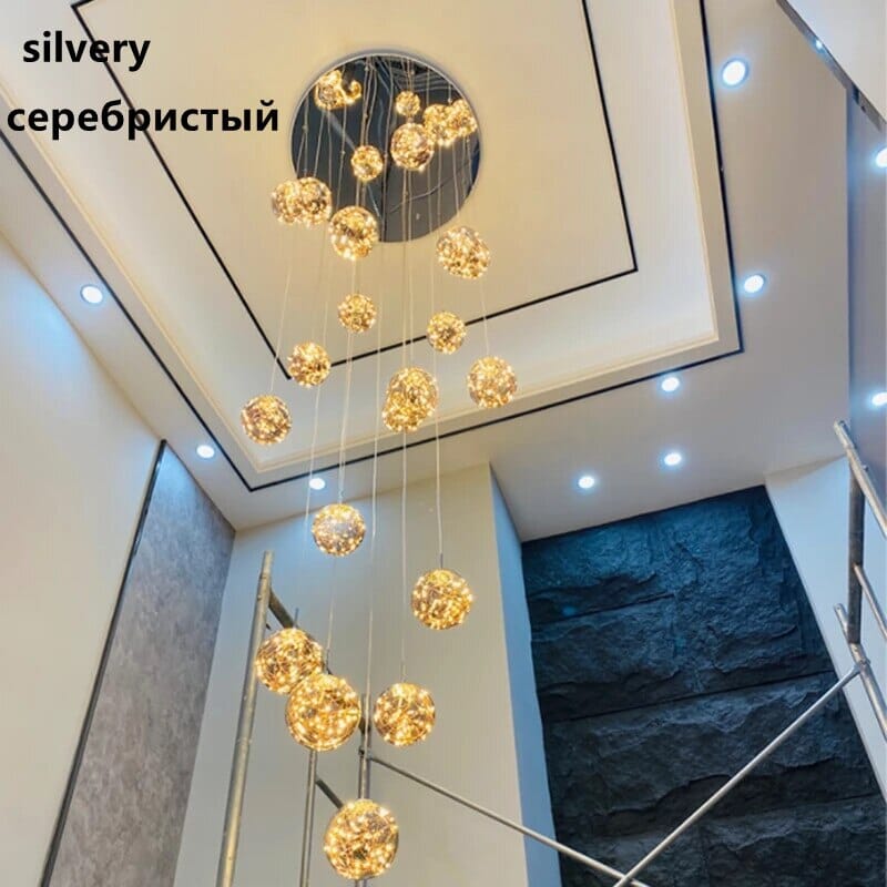 LuminaOrb Staircase Chandelier With Glass Orb Cluster, Warm LED Glow
