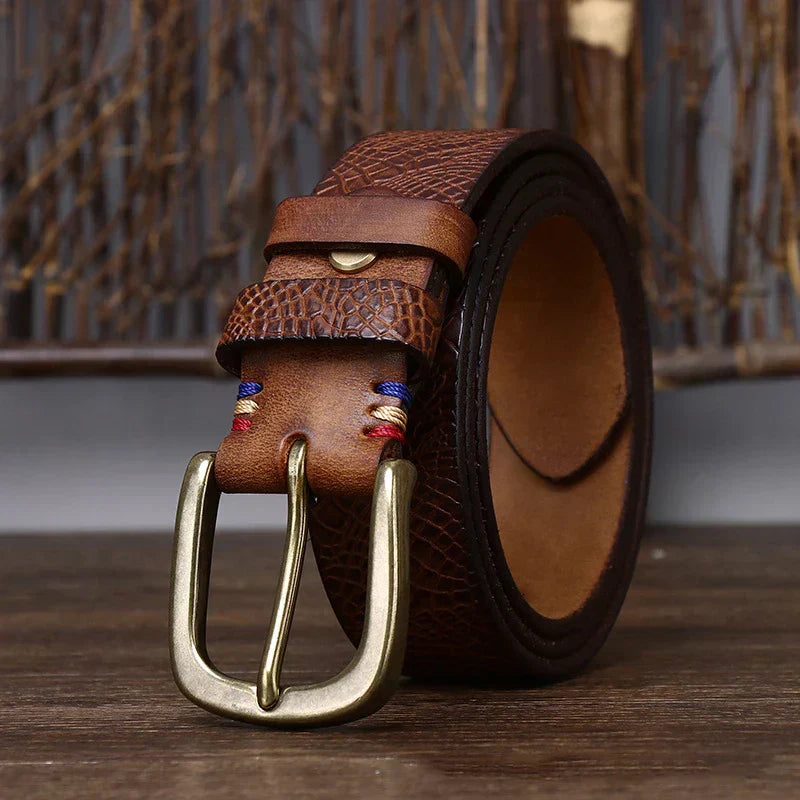 Embossed Cowhide Belt with Copper Pin Buckle, Kestrel