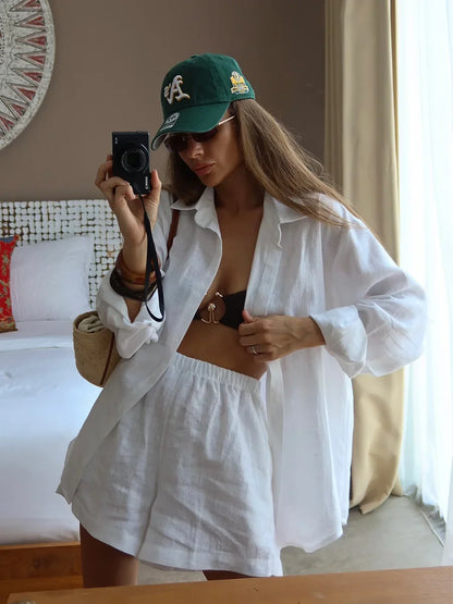 Ensemble short 100 % coton I Chemise confortable à manches longues et col à revers