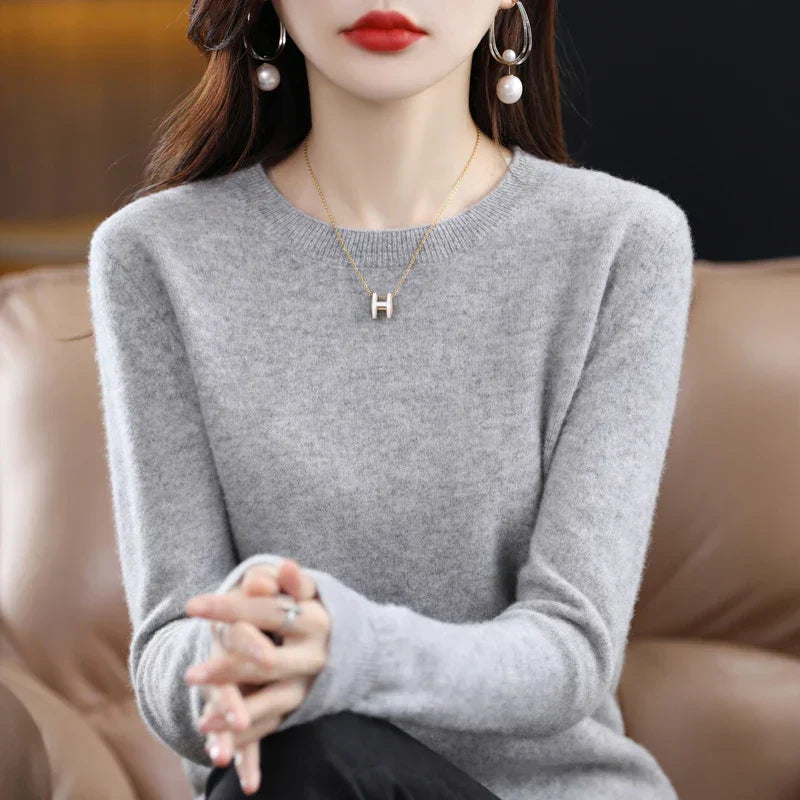 Camisola Feminina Luminara de Lã Merino, Malha Outonal Confortável com Decote Redondo