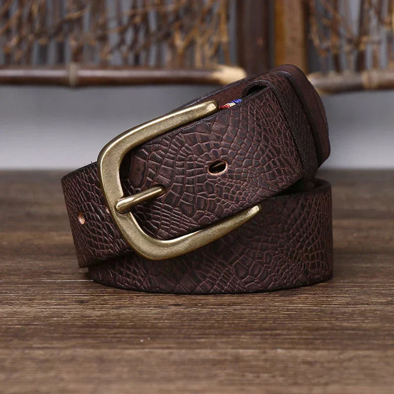 Embossed Cowhide Belt with Copper Pin Buckle, Kestrel