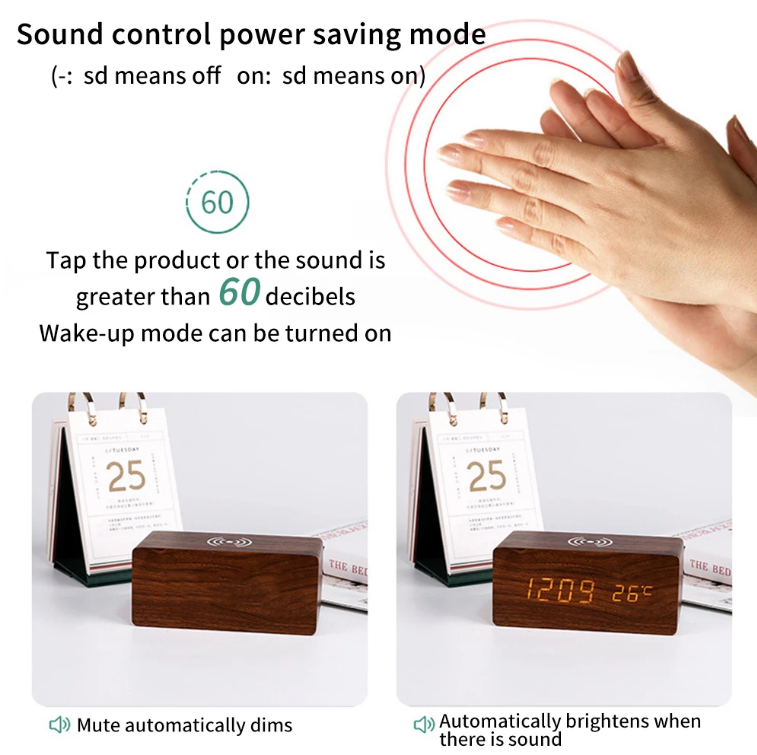 Réveil LED avec finition bois et chargeur sans fil intégré