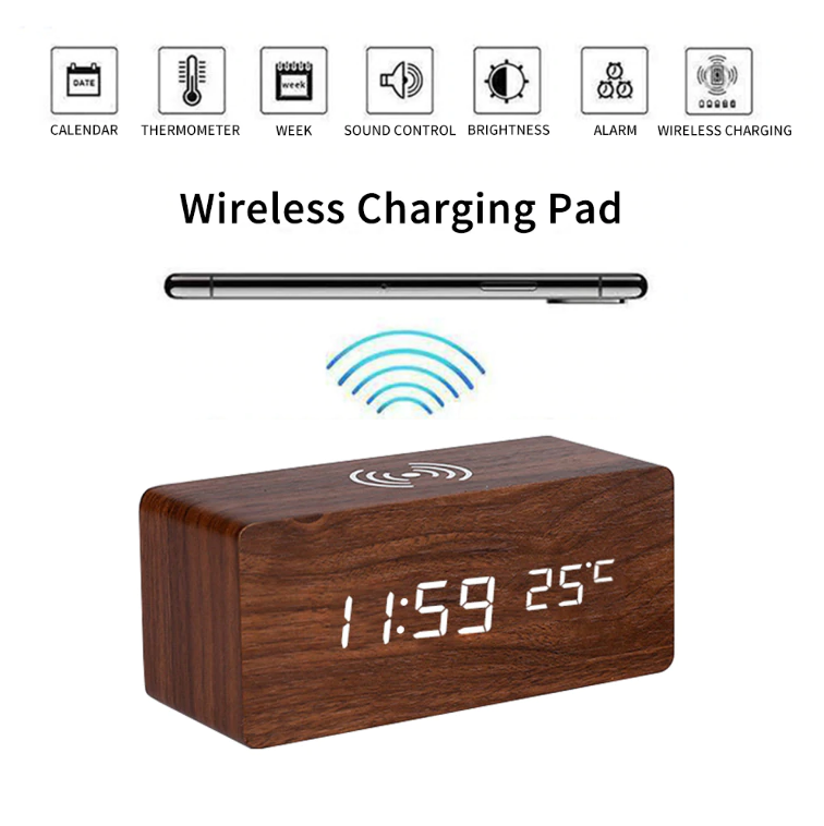 Réveil LED avec finition bois et chargeur sans fil intégré