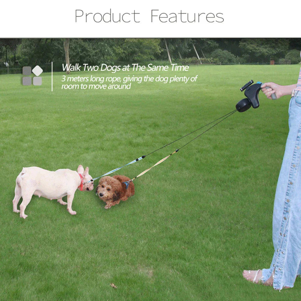 AeroTrail 360° Retractable Double Dog Leash With Safety Light