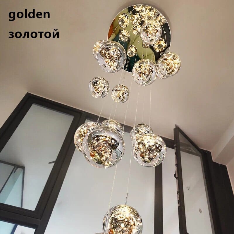 LuminaOrb Staircase Chandelier With Glass Orb Cluster, Warm LED Glow