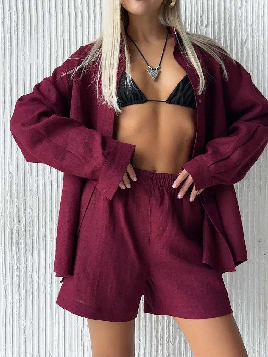 Ensemble short 100 % coton I Chemise confortable à manches longues et col à revers