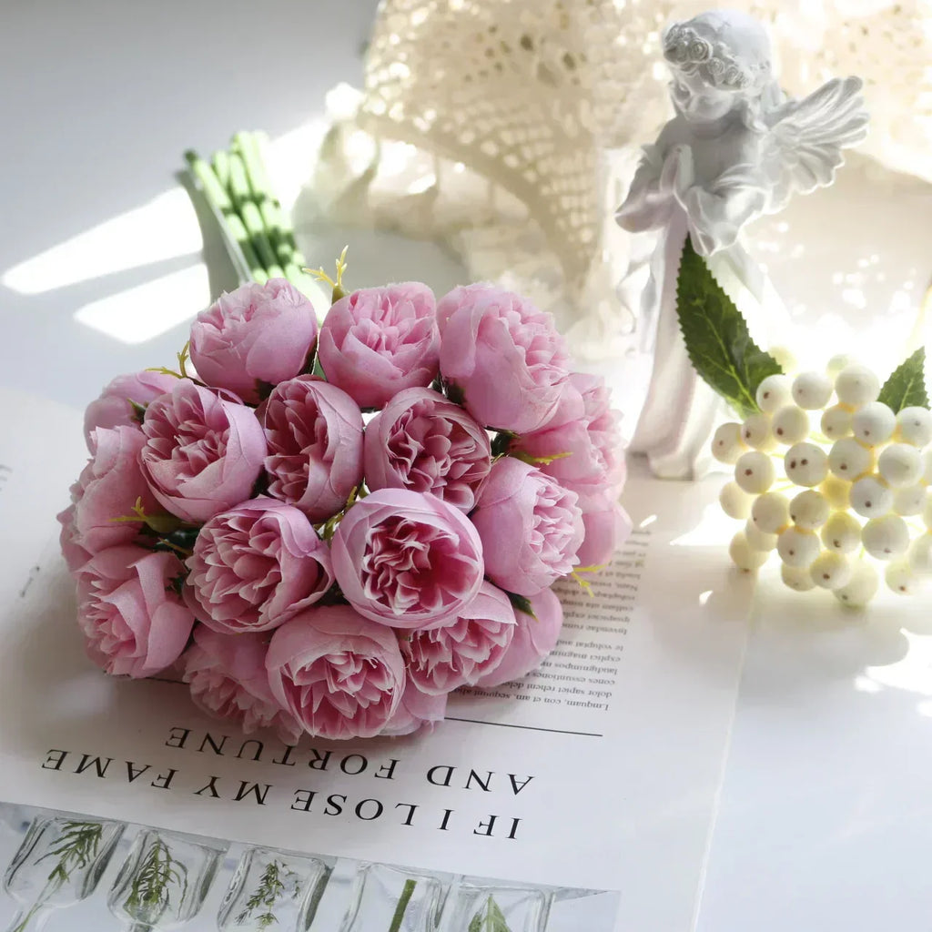 Lyra Silk Peony Bouquet, 27 Lifelike Blooms For Weddings & Home Decor