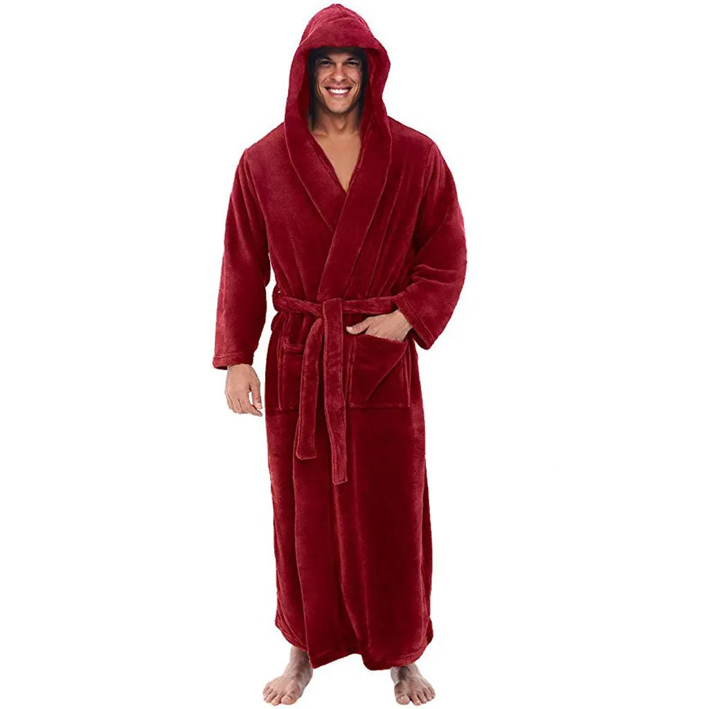 CozyNest-badekåbe til mænd i blødt plysstof med hætte, varm fleece og lange ærmer