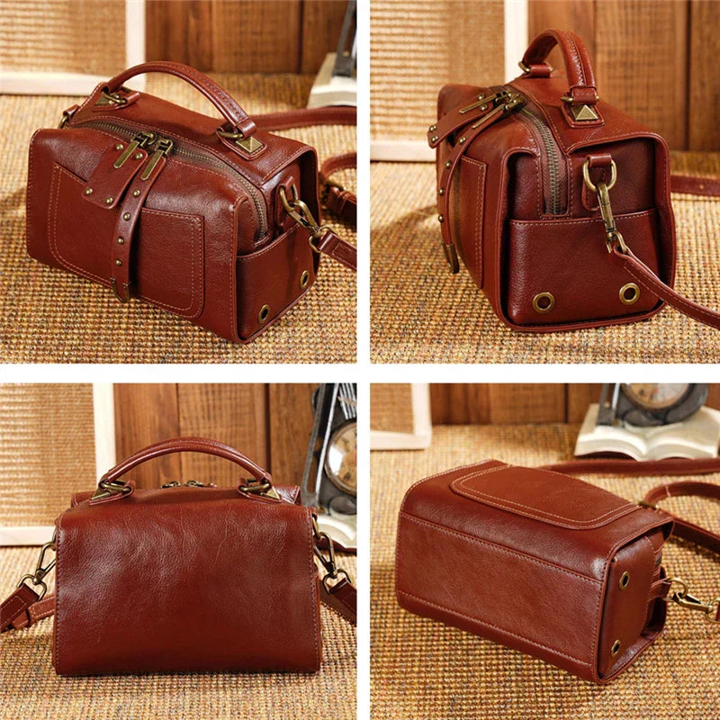 Genuine Leather Satchel Bag, Boston Style, Detachable Strap