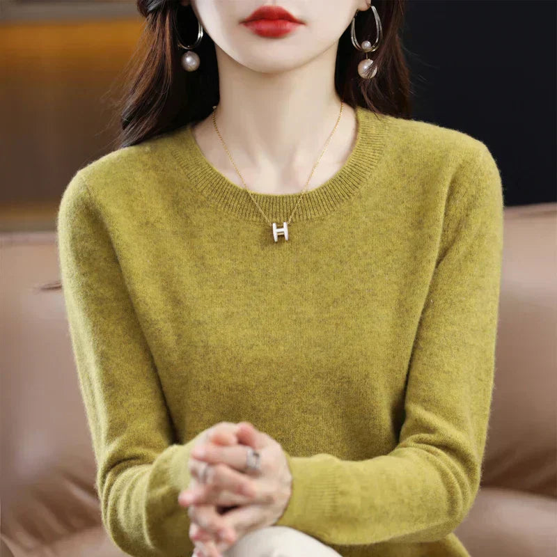 Camisola Feminina Luminara de Lã Merino, Malha Outonal Confortável com Decote Redondo