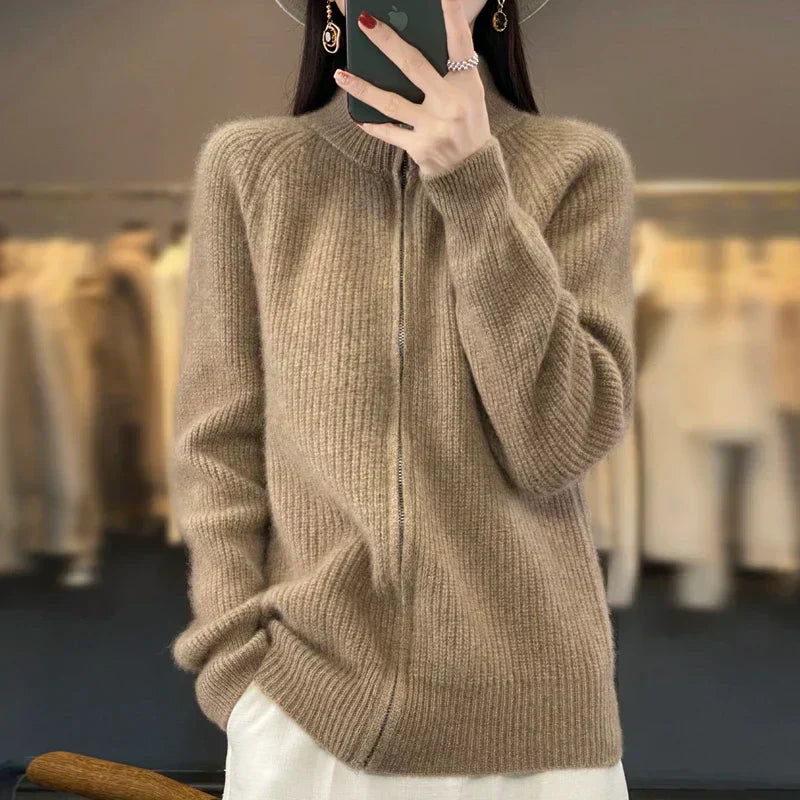 Women's 100% Wool Zip-Up Cardigan With Stand Collar, Classic Fit