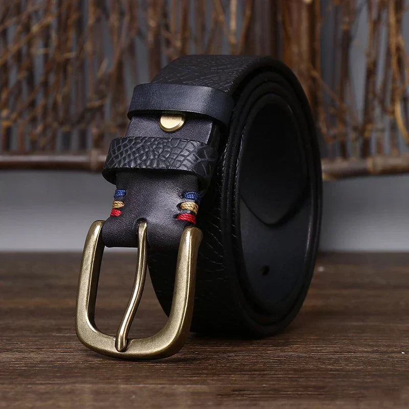 Embossed Cowhide Belt with Copper Pin Buckle, Kestrel