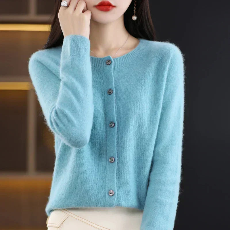 Cardigã feminino de lã merino com fecho frontal de botões, 15 cores