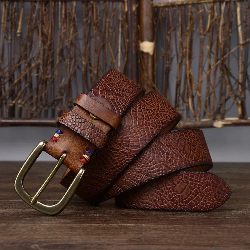 Embossed Cowhide Belt with Copper Pin Buckle, Kestrel