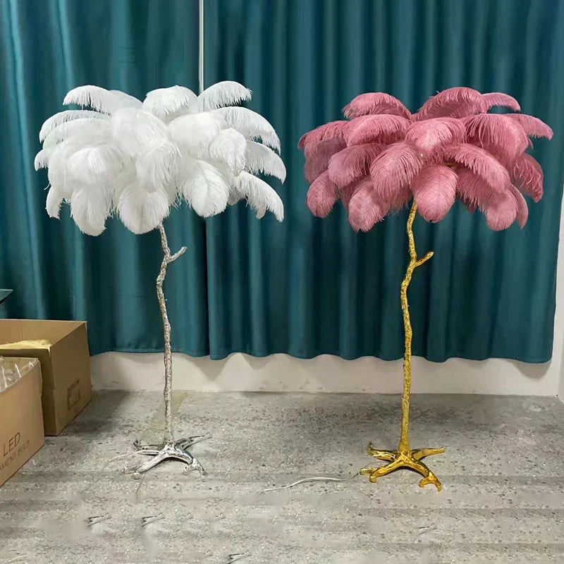 Aurelle Ostrich Feather Floor Lamp, Brass & Copper Finish
