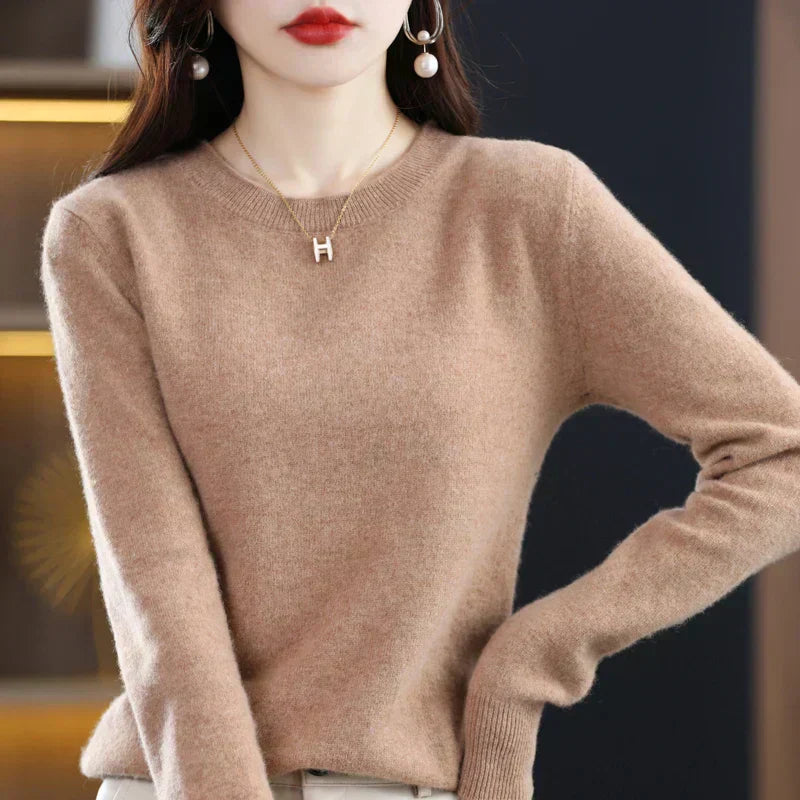 Camisola Feminina Luminara de Lã Merino, Malha Outonal Confortável com Decote Redondo