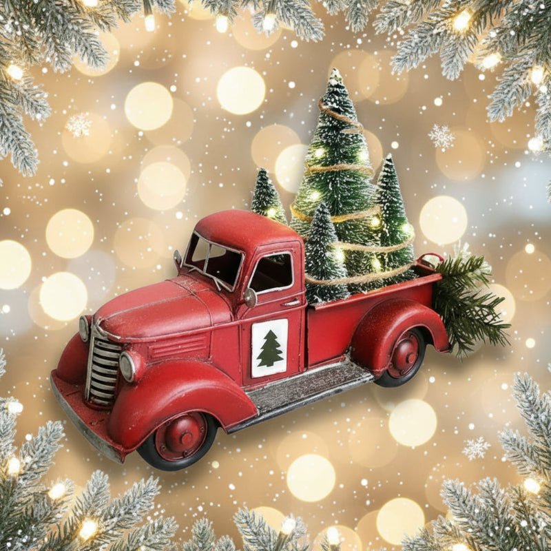 Vintage-Roter LKW-Schmuck mit Mini-Baum für festliche Dekoration - Fioriscas