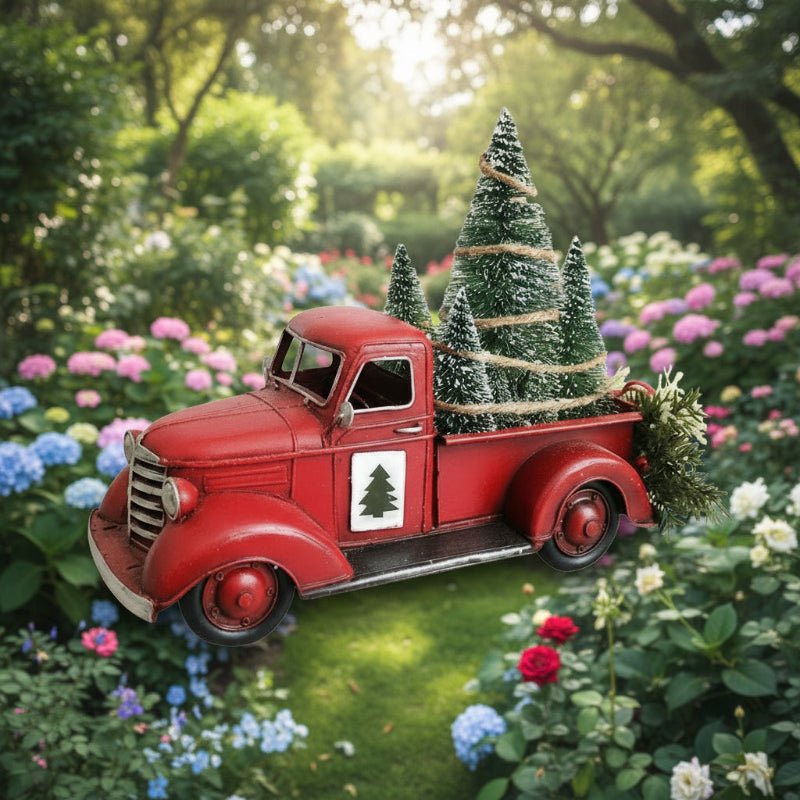 Vintage-Roter LKW-Schmuck mit Mini-Baum für festliche Dekoration - Fioriscas