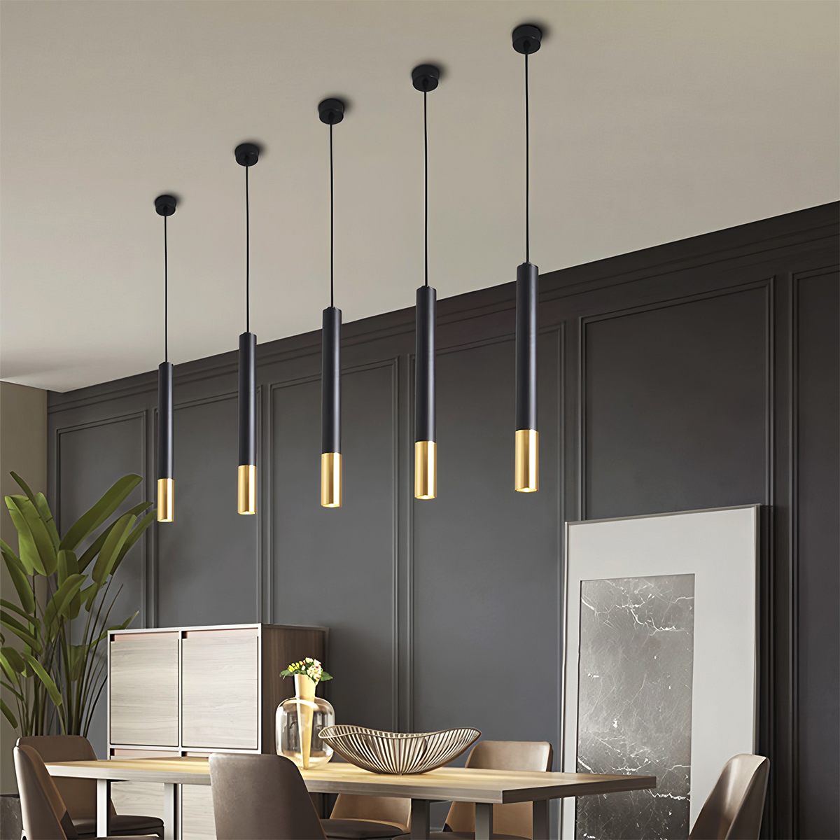 Lampada a sospensione cilindrica minimalista con accenti dorati per isole cucina
