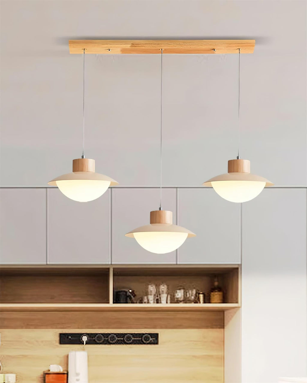 Pendant Lamp Metal and Wood PE Shade Dome Shape Minimalist | Fioriscas