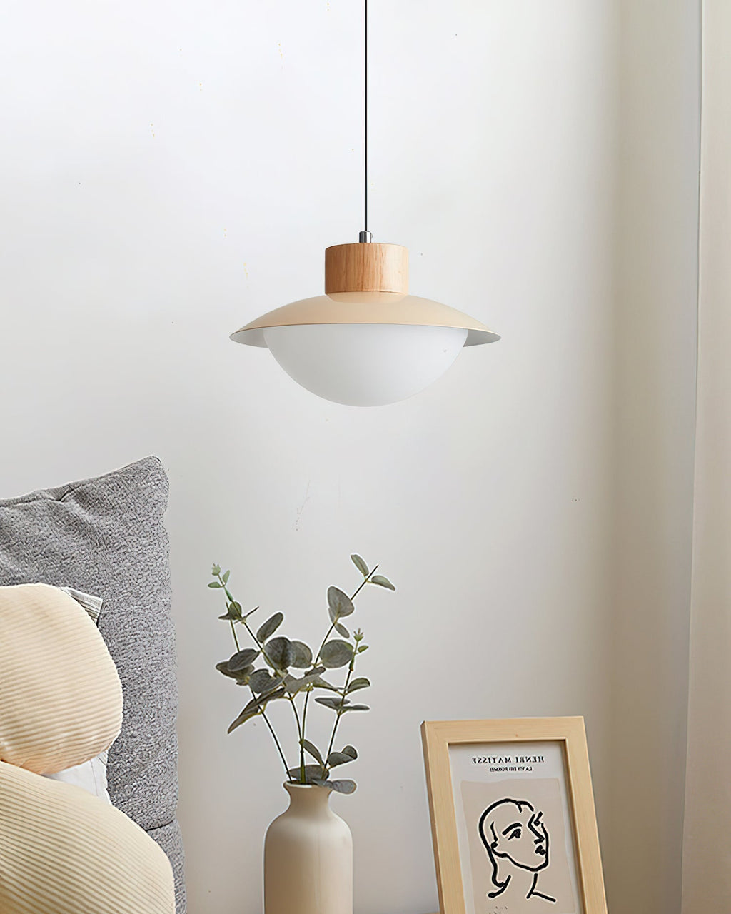 Pendant Lamp Metal and Wood PE Shade Dome Shape Minimalist | Fioriscas