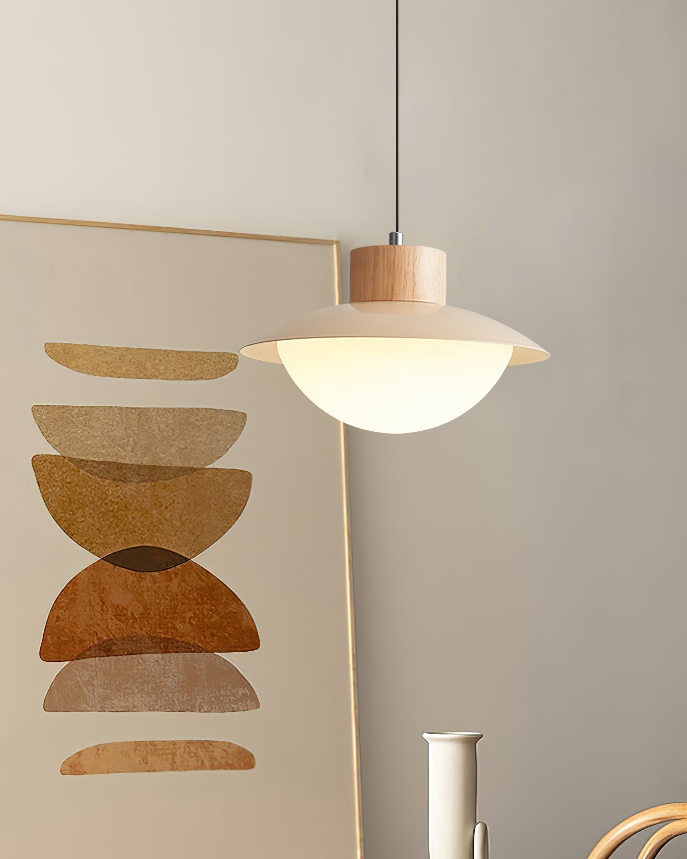 Pendant Lamp Metal and Wood PE Shade Dome Shape Minimalist | Fioriscas