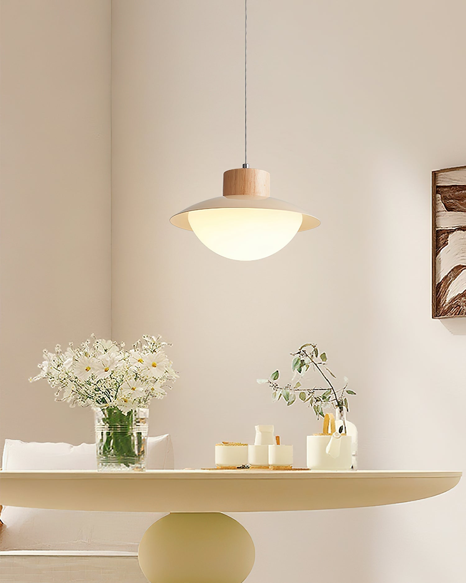 Pendant Lamp Metal and Wood PE Shade Dome Shape Minimalist | Fioriscas