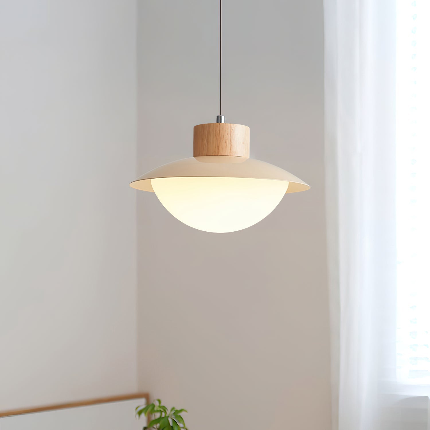 Pendant Lamp Metal and Wood PE Shade Dome Shape Minimalist | Fioriscas