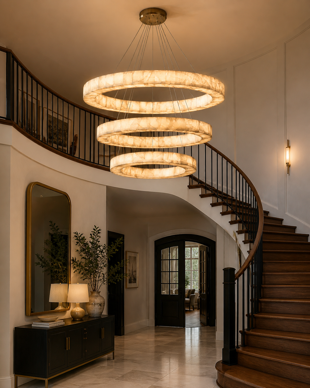 Lampadario LuminaCalcite Halo in alabastro con struttura a cavi d’acciaio