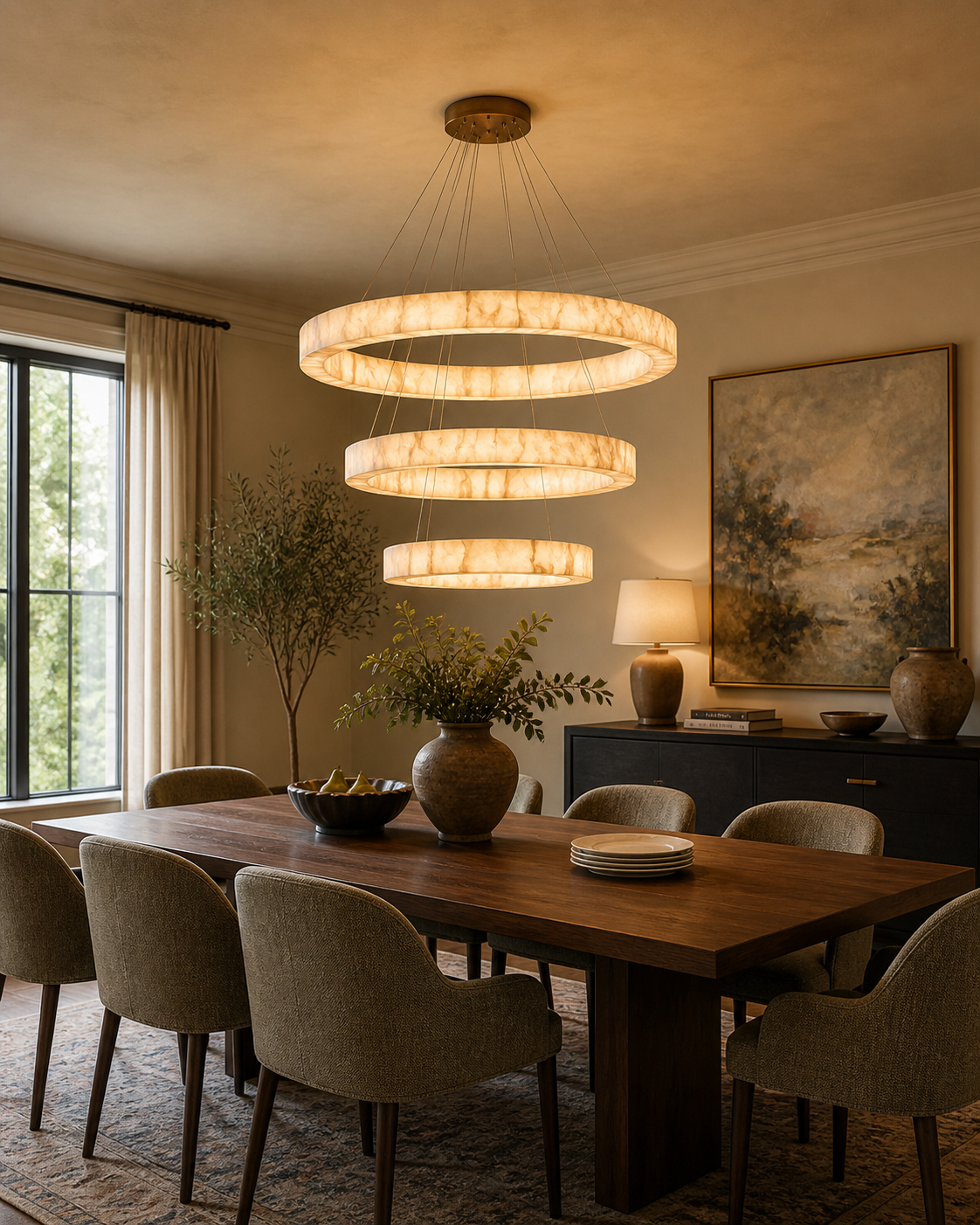 Lampadario LuminaCalcite Halo in alabastro con struttura a cavi d’acciaio