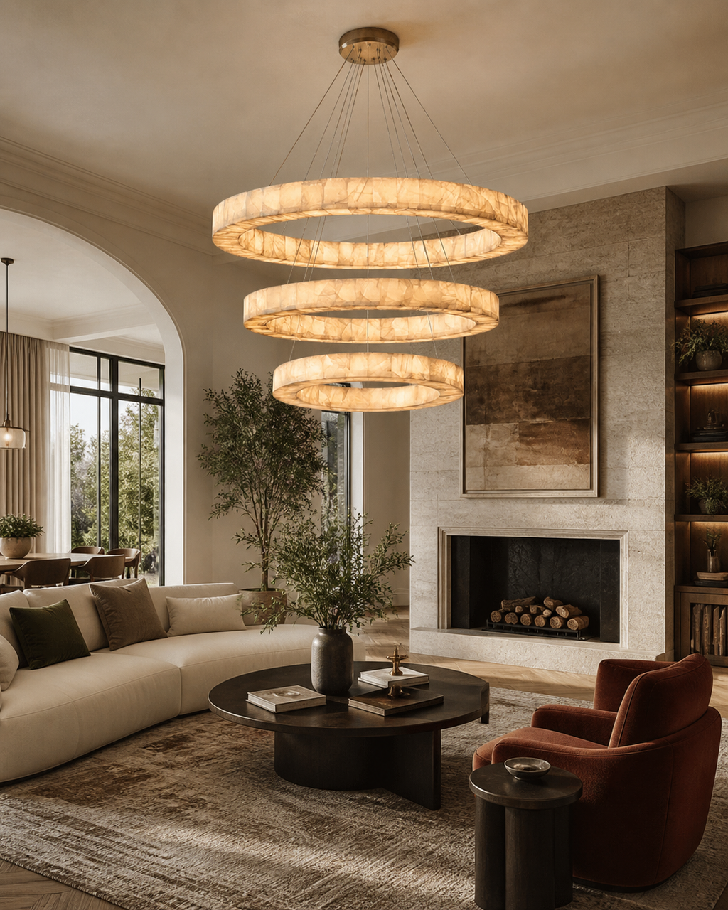 Lampadario LuminaCalcite Halo in alabastro con struttura a cavi d’acciaio