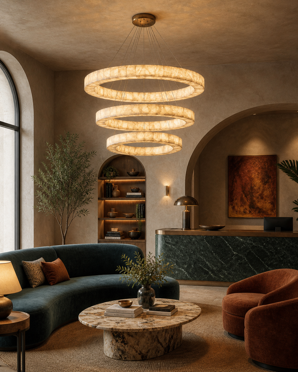 Lampadario LuminaCalcite Halo in alabastro con struttura a cavi d’acciaio